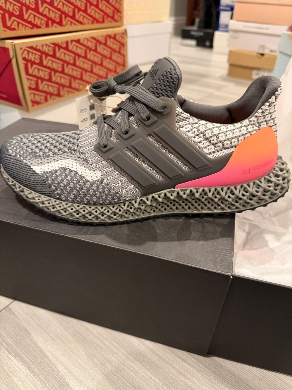 adidas Gray Knit ultra 4d Athletic Shoe with Pink-Orange Heel Accent